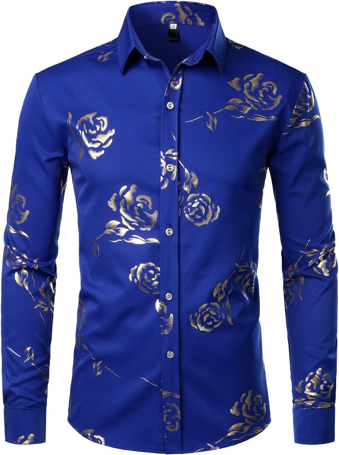 ZEROYAA Mens Hipster Gold Rose Printed Slim Fit Long Sleeve Dress Shirts/Prom Performing Shirts