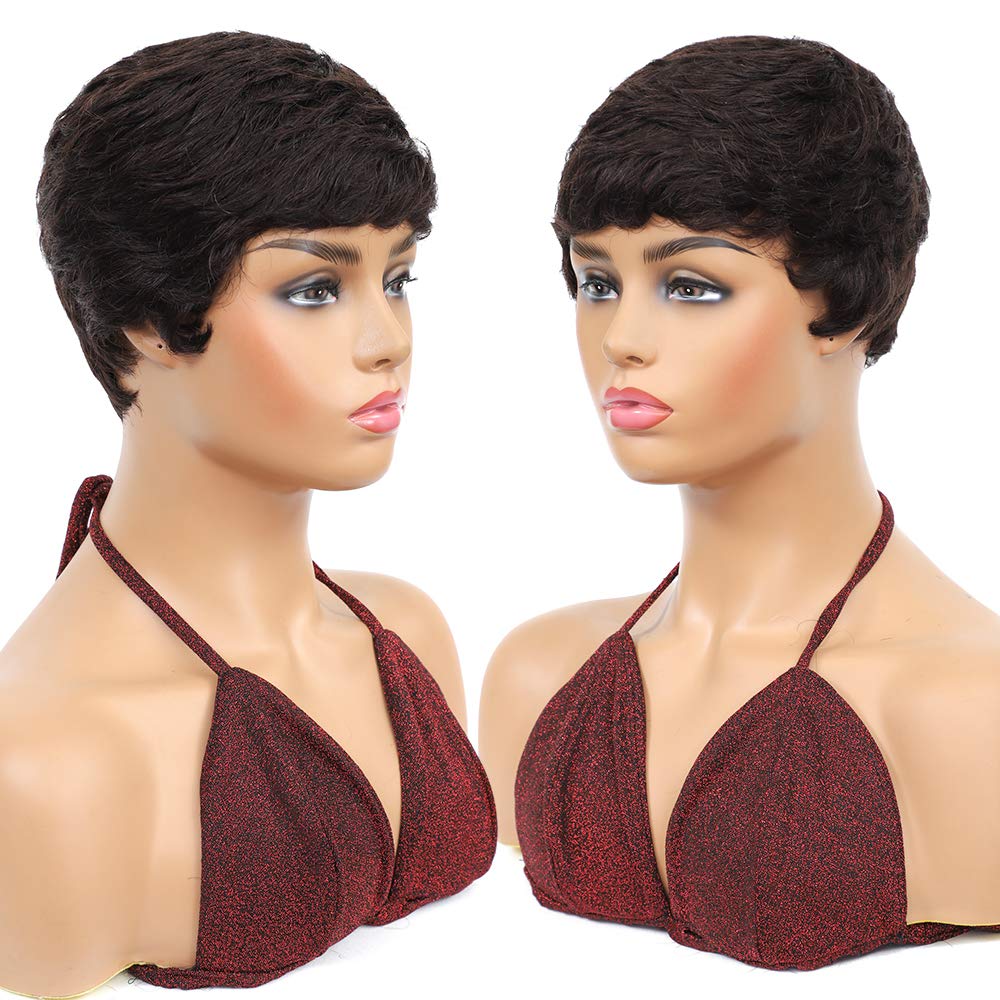 Vogue Pixie Wigs Short Black Wavy Layered Short Human Hair Wigs for Black Women (1B#)