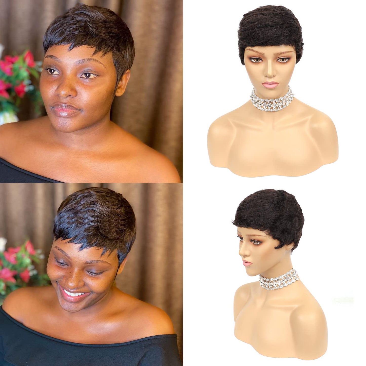Vogue Pixie Wigs Short Black Wavy Layered Short Human Hair Wigs for Black Women (1B#)