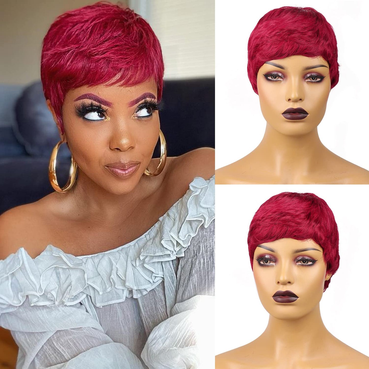 Vogue Pixie Wigs Short Black Wavy Layered Short Human Hair Wigs for Black Women (1B#)
