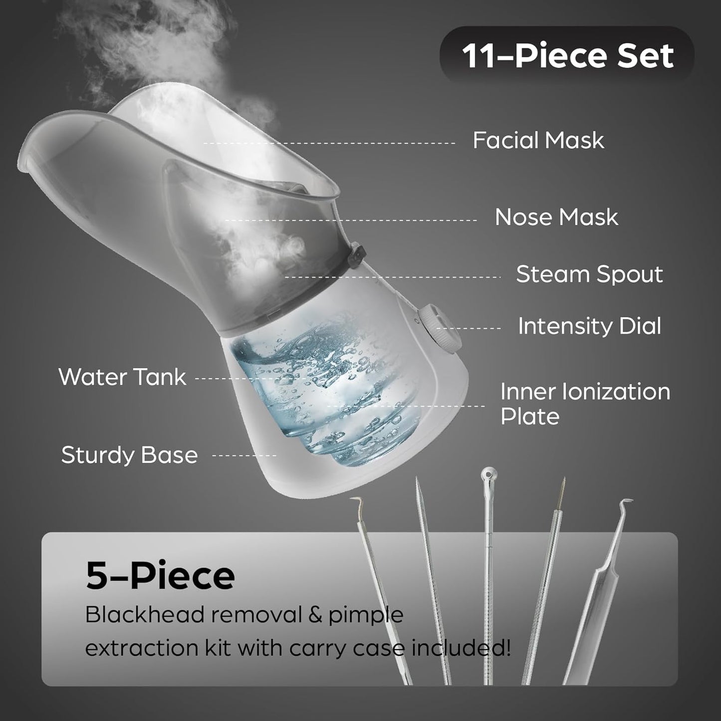 Gentle Face Steamer for Facial Deep Cleaning, 11-PC | Facial Steamer for Proactive Acne Treatment Unclogs Pores & Treats Allergies | Facial Skin Care Products Includes Needles & Tweezers