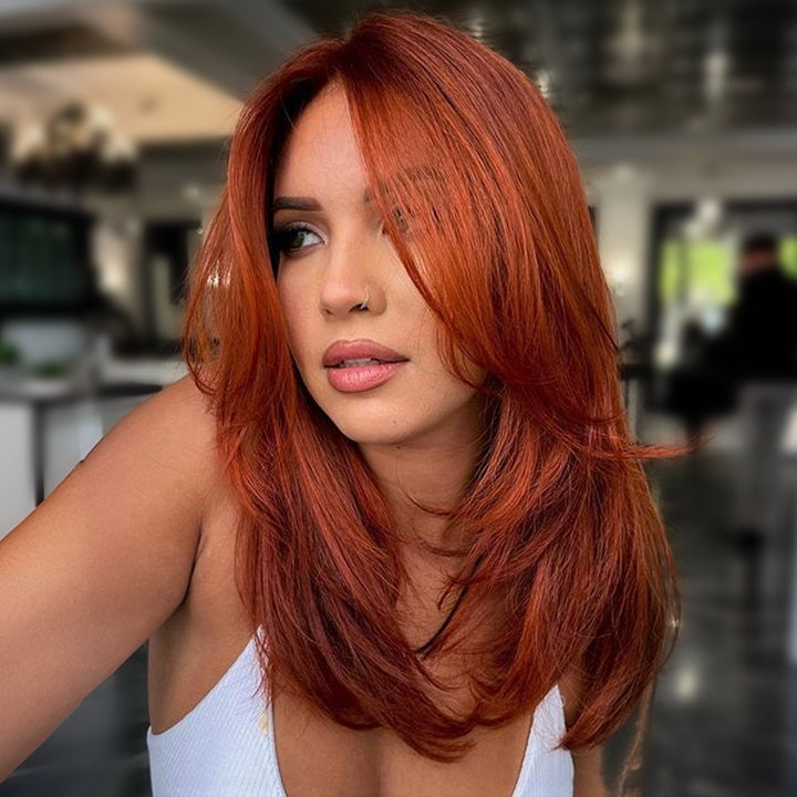 Auburn Red Curtain Bangs Layer Cut Silky Straight 13x5 Pre Cut Lace Glueless Wig