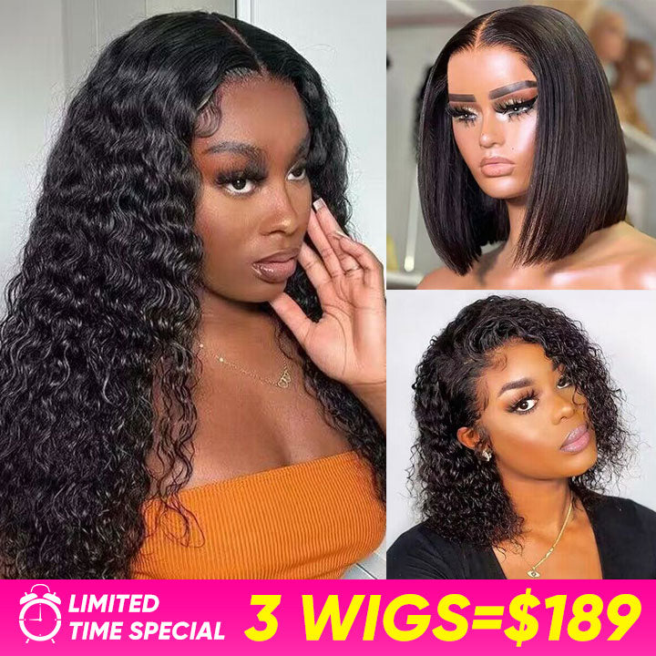 $189=3 Wigs|10" Deep Wave 13x4 Lace Front Wig+10" Curly 13x4 Lace Bob Wig+8" Straight 13x4 Front Bob Wig