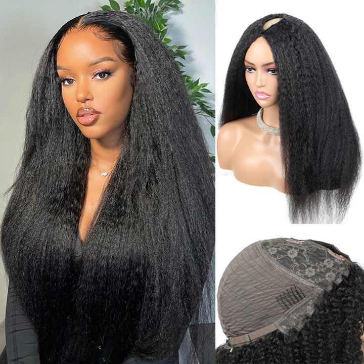 V Part Wig Kinky Straight Glueless Human Hair Wig Without Leave Out Full Machinemade