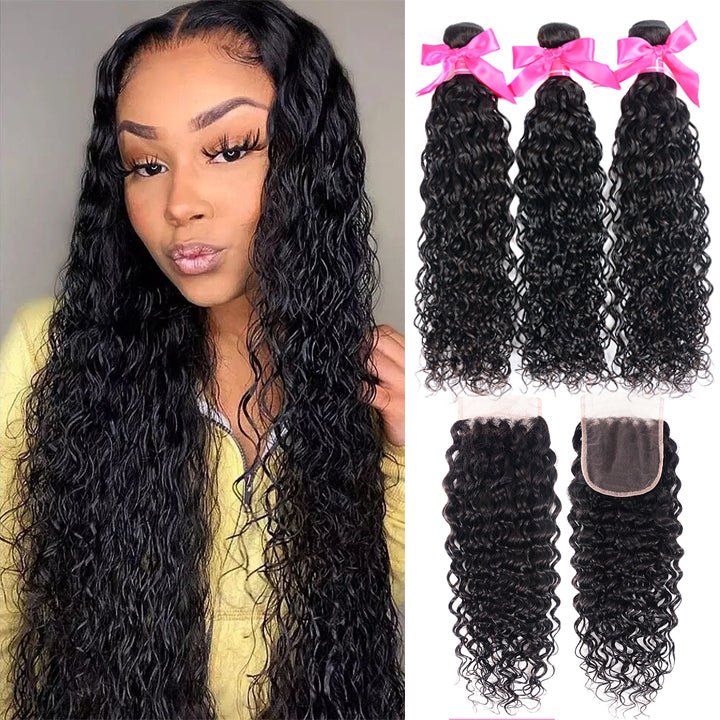 Water Wave Hair 3 Bundles With Closure Wet And Wavy Human Hair Weave Bundles With Lace Closure