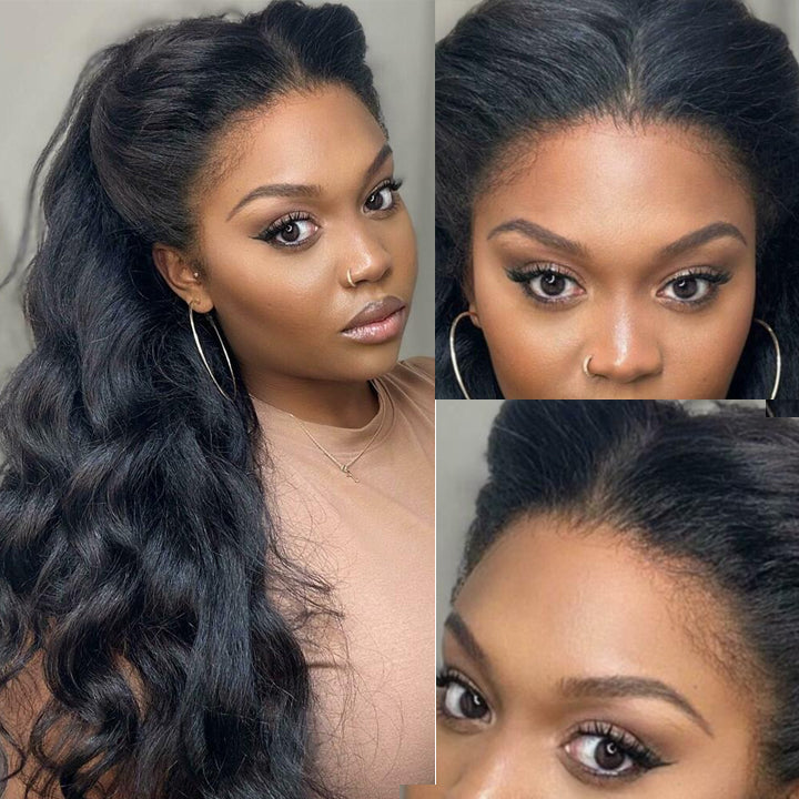 Glueless Body Wave 13x4 Lace Front Wig With Realistic Curly Edges Kinky Baby Hair