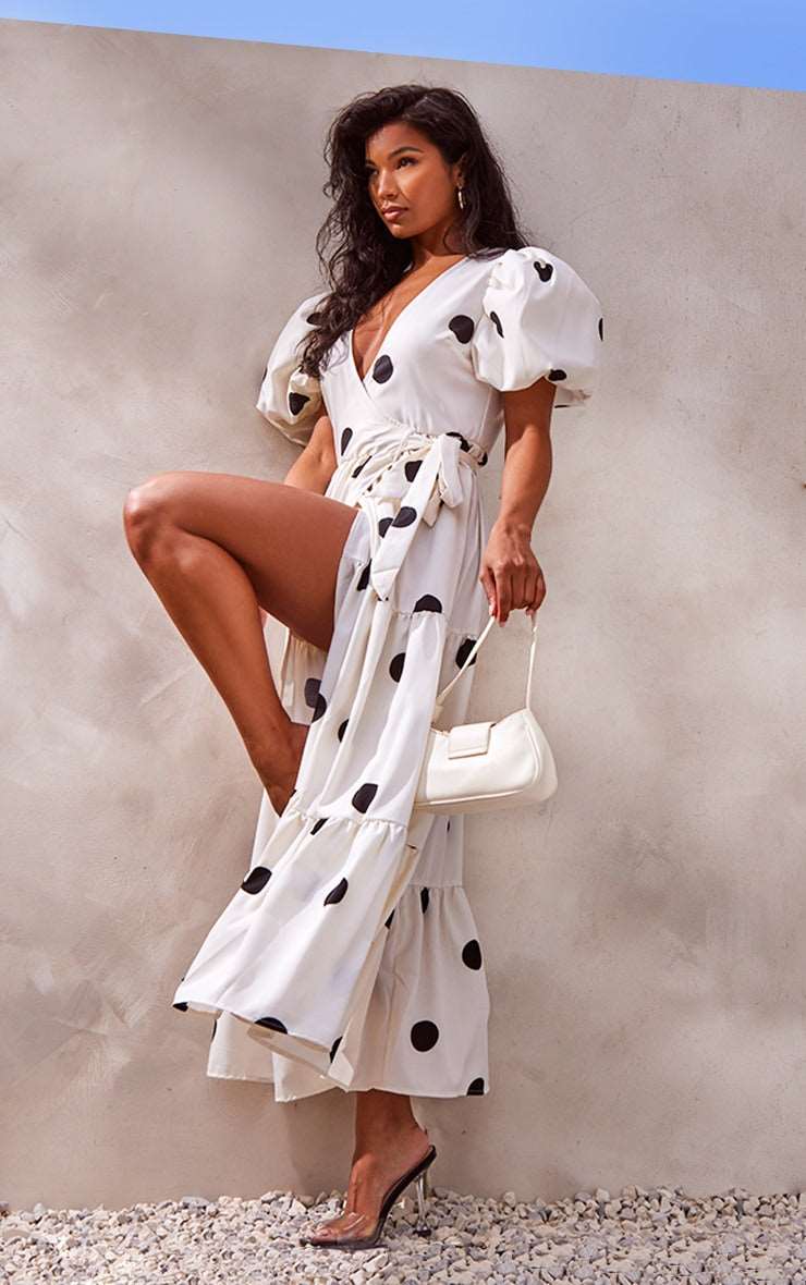 Black Woven Puff Sleeve Wrap Midaxi Dress