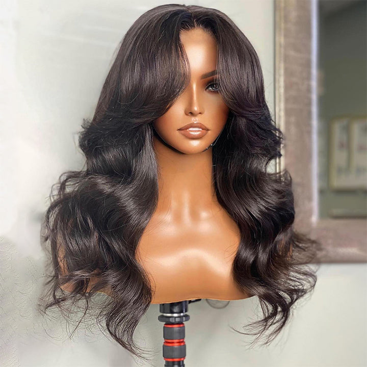 Flash Deal $169.99 22" Curtain Bangs Wavy 7x5 Pre Cut Lace Human Hair Glueless Wig