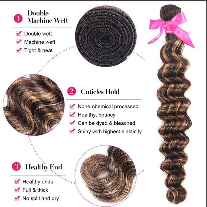 Highlight Brown Honey P4/27 Loose Deep Wave Hair 3 Bundles With Closure Human Hair