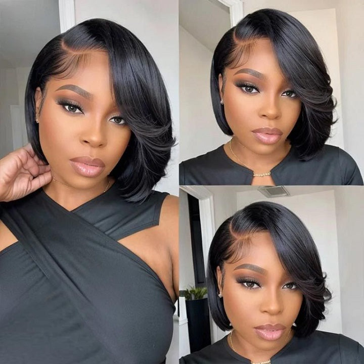 Straight Pixie Bob Wig With Swept Bangs Pre Cut Lace Glueless Wig