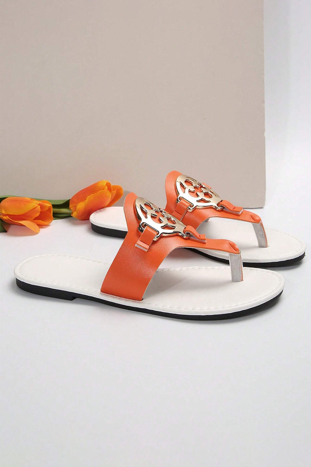 Grapefruit Orange Metal Décor Leather Thong Slippers