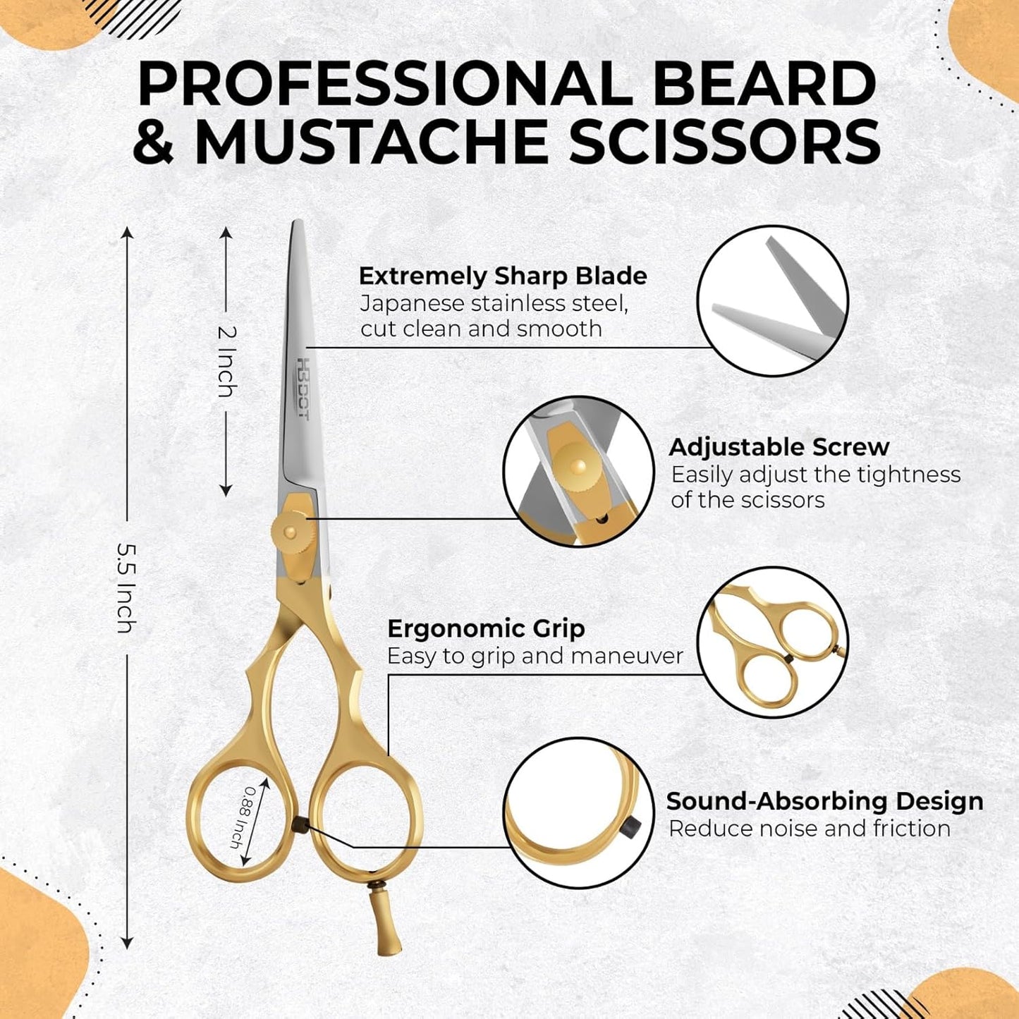HB DOT Professional Mustache Scissors, 5.5 Inches Mustache and Beard Scissors, German Stainless Steel Beard Scissors for Men with Beautiful Case and Mustache Comb. (Silver and Gold)