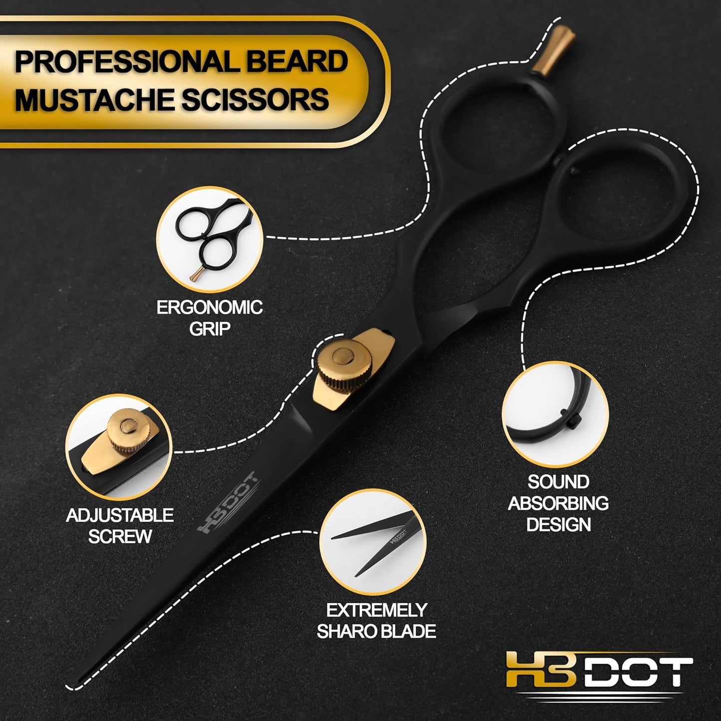 HB DOT Professional Mustache Scissors, 5.5 Inches Mustache and Beard Scissors, German Stainless Steel Beard Scissors for Men with Beautiful Case and Mustache Comb. (Silver and Gold)