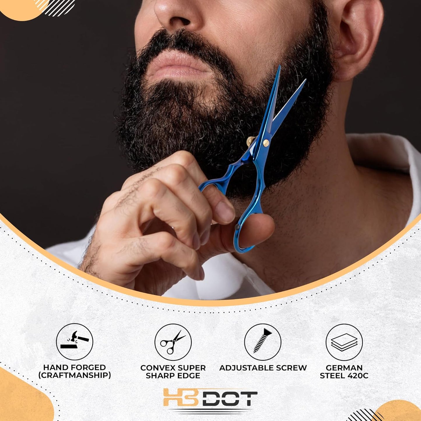HB DOT Professional Mustache Scissors, 5.5 Inches Mustache and Beard Scissors, German Stainless Steel Beard Scissors for Men with Beautiful Case and Mustache Comb. (Silver and Gold)