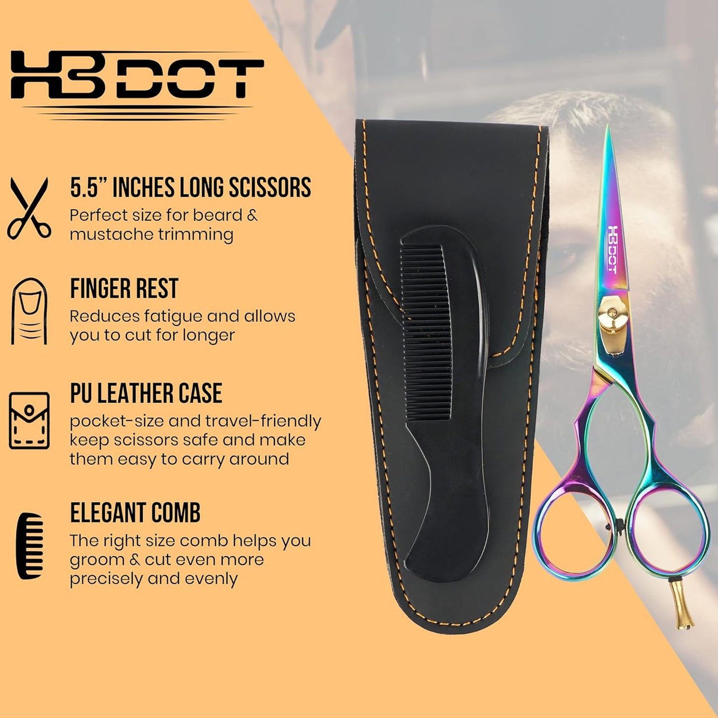 HB DOT Professional Mustache Scissors, 5.5 Inches Mustache and Beard Scissors, German Stainless Steel Beard Scissors for Men with Beautiful Case and Mustache Comb. (Silver and Gold)