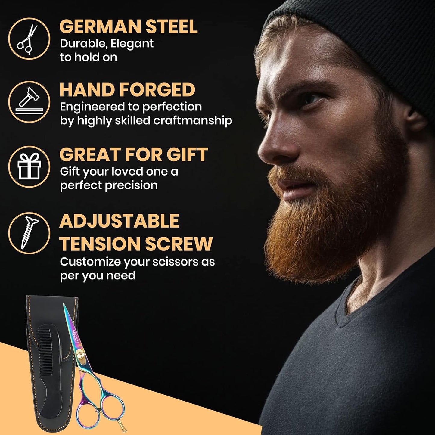 HB DOT Professional Mustache Scissors, 5.5 Inches Mustache and Beard Scissors, German Stainless Steel Beard Scissors for Men with Beautiful Case and Mustache Comb. (Silver and Gold)
