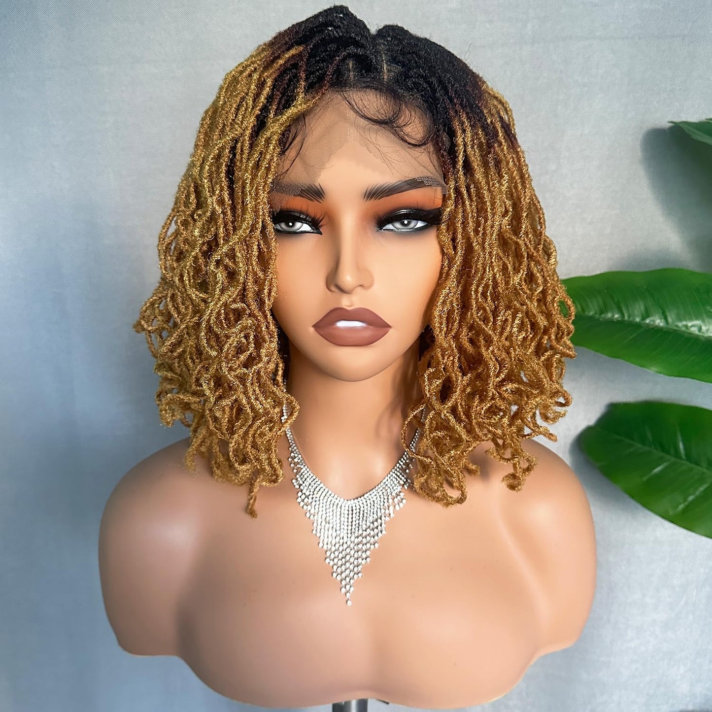 Dreadlock Wig Curly 4x4 Lace Frontal Ombre Strawberry Blonde 16 Inch Twist Faux Locs Wigs for Balck Women Afro Curly Braided Synthetic Wig