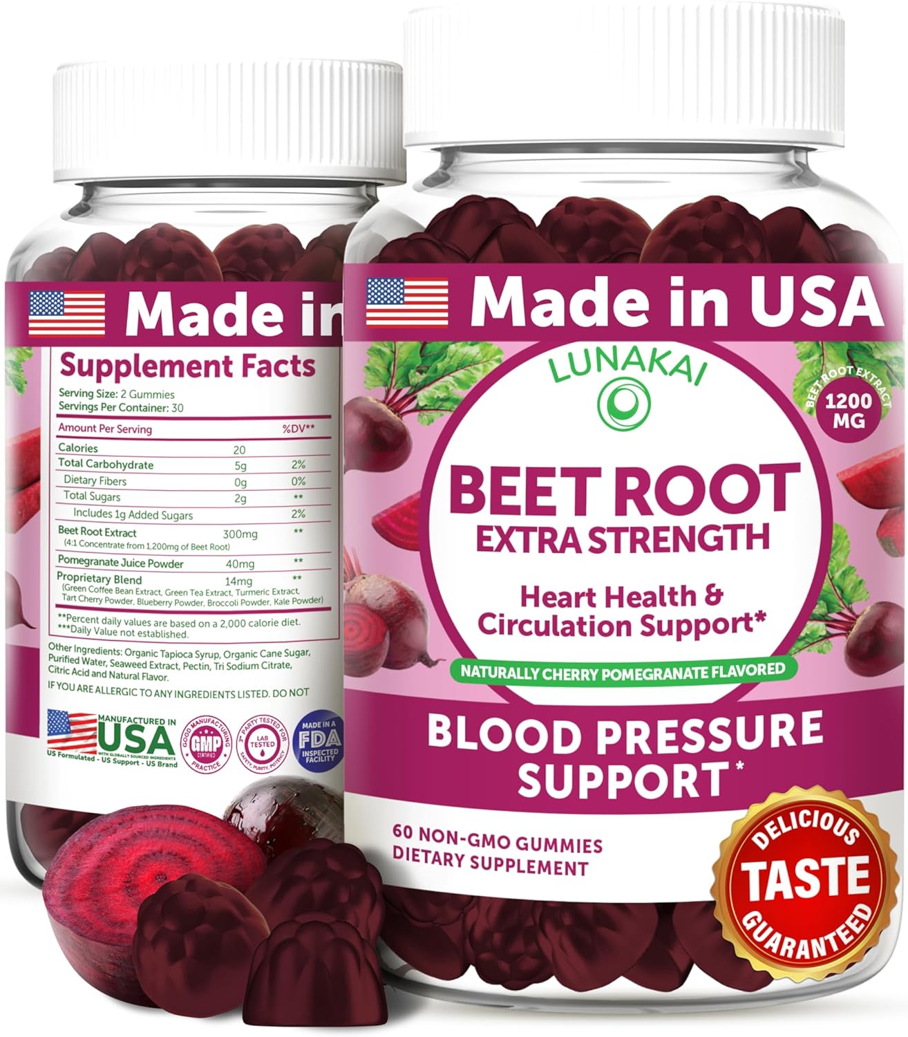 Lunakai Beet Root Gummies with Proprietary Antioxidant Blend - Heart & Circulation Support, Delicious Non-GMO Beet Chews for High Blood Pressure, 60ct