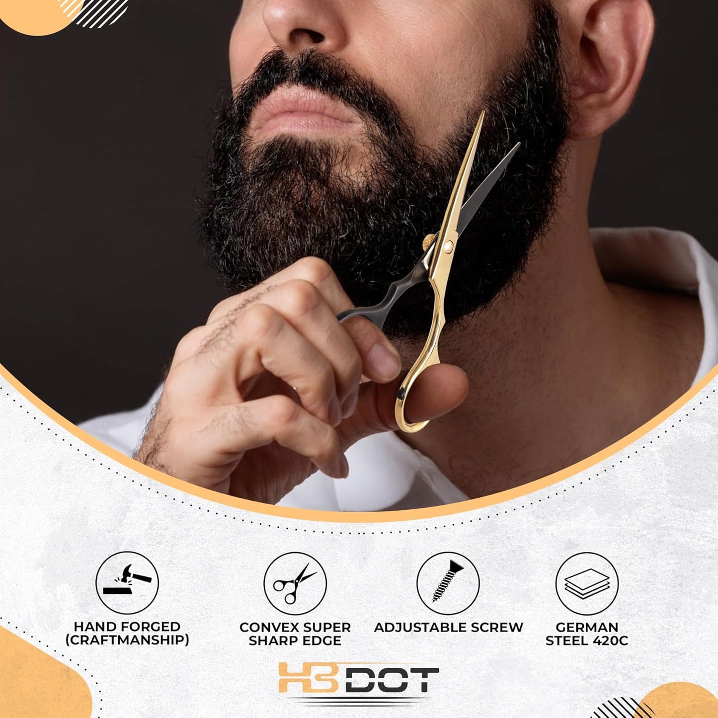 HB DOT Professional Mustache Scissors, 5.5 Inches Mustache and Beard Scissors, German Stainless Steel Beard Scissors for Men with Beautiful Case and Mustache Comb. (Silver and Gold)