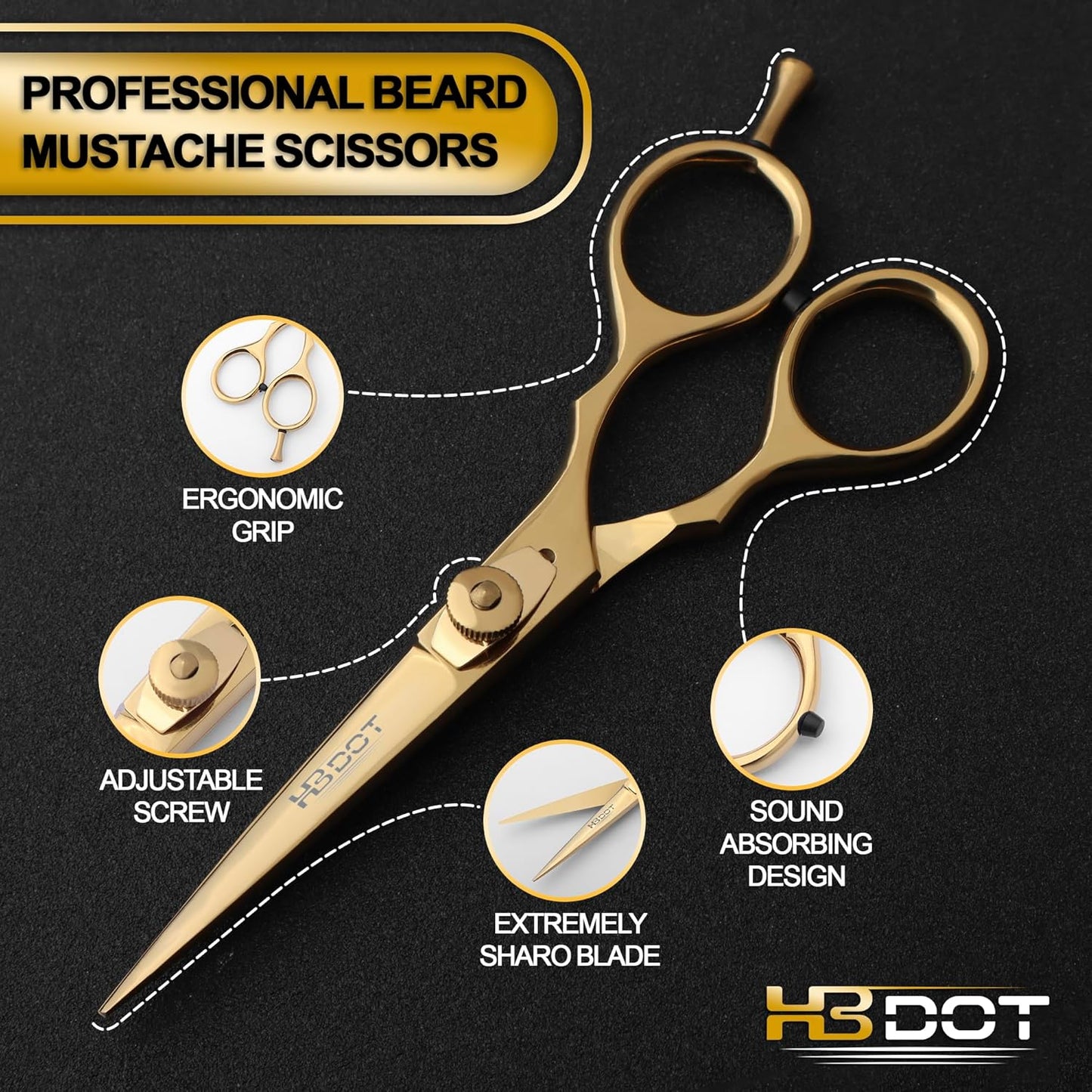 HB DOT Professional Mustache Scissors, 5.5 Inches Mustache and Beard Scissors, German Stainless Steel Beard Scissors for Men with Beautiful Case and Mustache Comb. (Silver and Gold)
