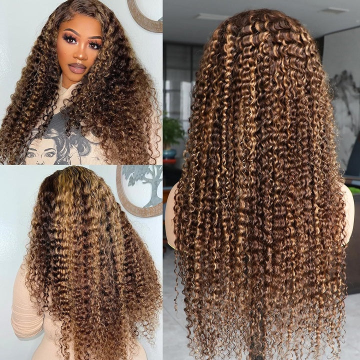 Highlight Honey Brown Curly Pre Cut 5x6 Lace Human Hair Wig