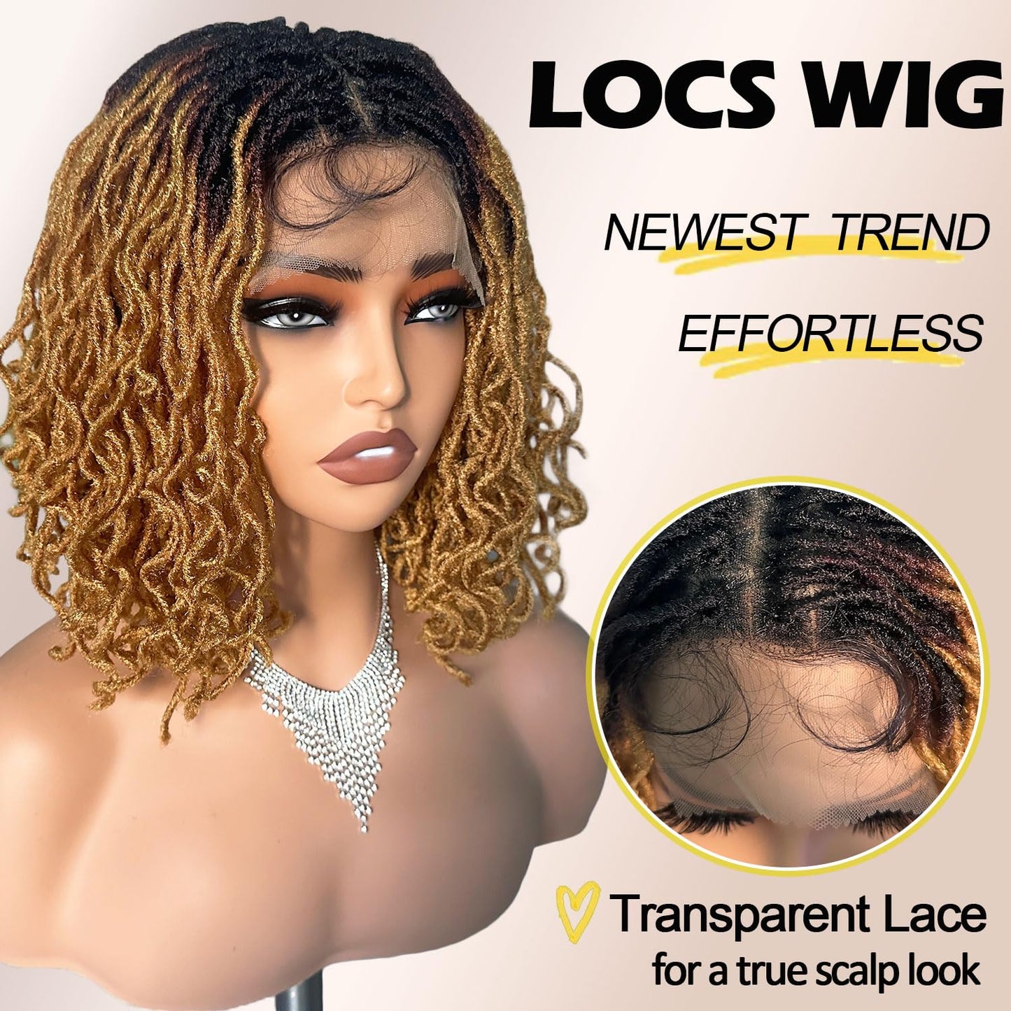 Dreadlock Wig Curly 4x4 Lace Frontal Ombre Strawberry Blonde 16 Inch Twist Faux Locs Wigs for Balck Women Afro Curly Braided Synthetic Wig