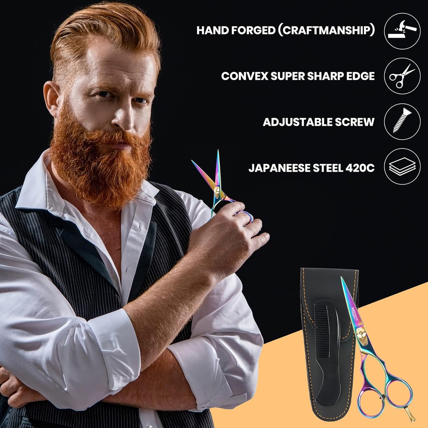 HB DOT Professional Mustache Scissors, 5.5 Inches Mustache and Beard Scissors, German Stainless Steel Beard Scissors for Men with Beautiful Case and Mustache Comb. (Silver and Gold)