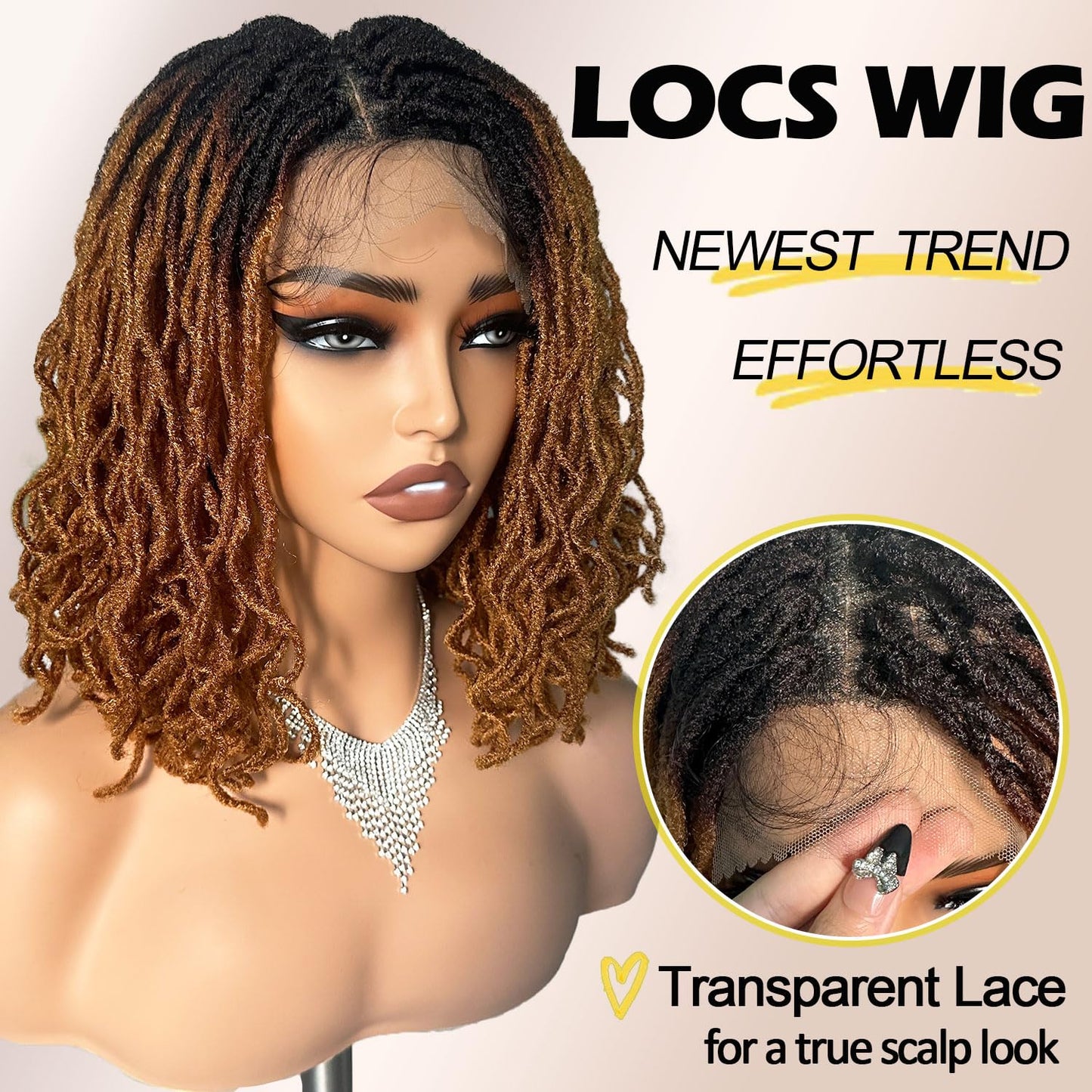 Dreadlock Wig Curly 4x4 Lace Frontal Ombre Strawberry Blonde 16 Inch Twist Faux Locs Wigs for Balck Women Afro Curly Braided Synthetic Wig