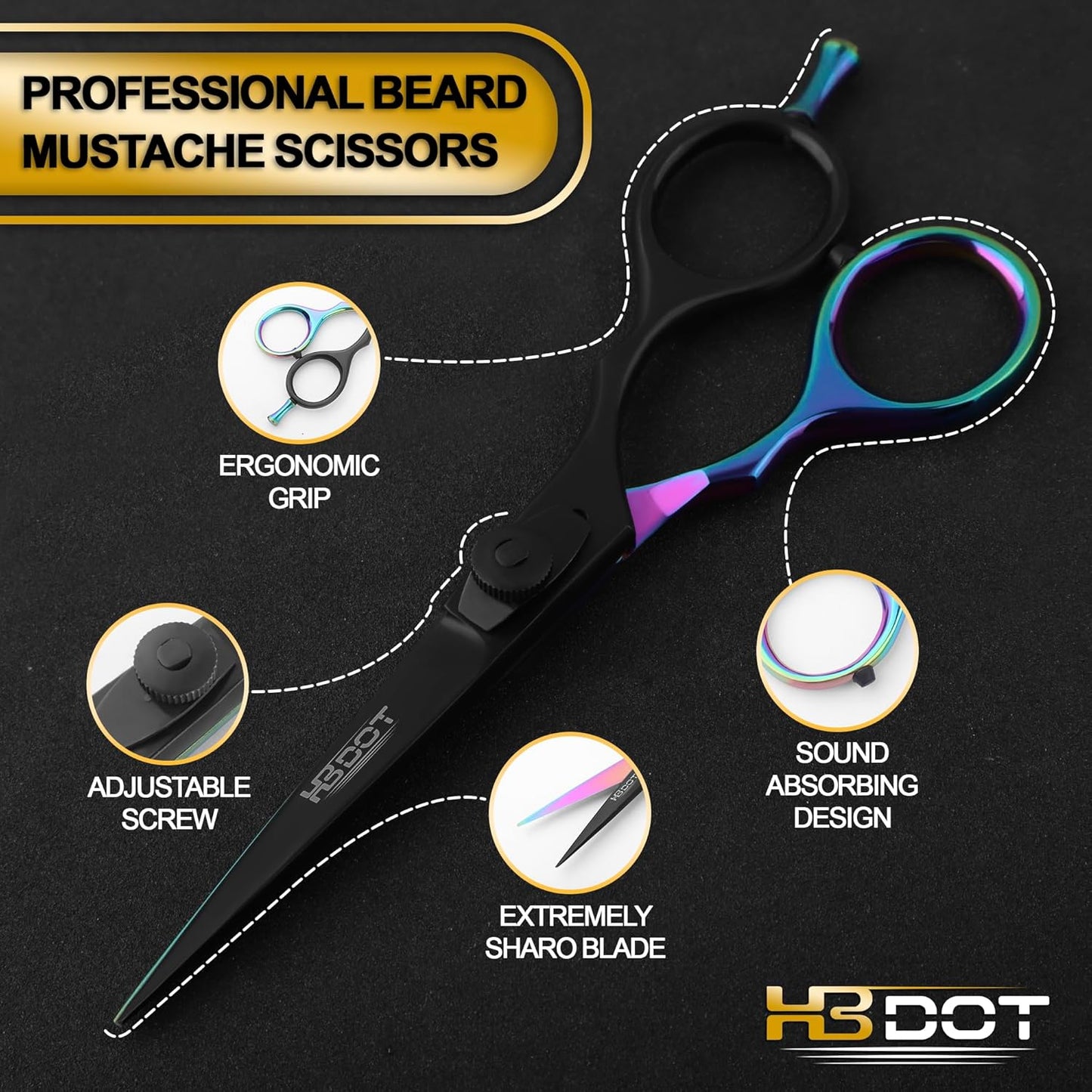 HB DOT Professional Mustache Scissors, 5.5 Inches Mustache and Beard Scissors, German Stainless Steel Beard Scissors for Men with Beautiful Case and Mustache Comb. (Silver and Gold)