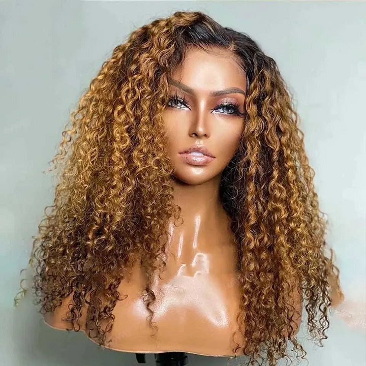 $109.99 16" Ombre Honey T1B/27 Curly 13x4 Frontal Wig Glueless Human Hair Wig Flash Deal