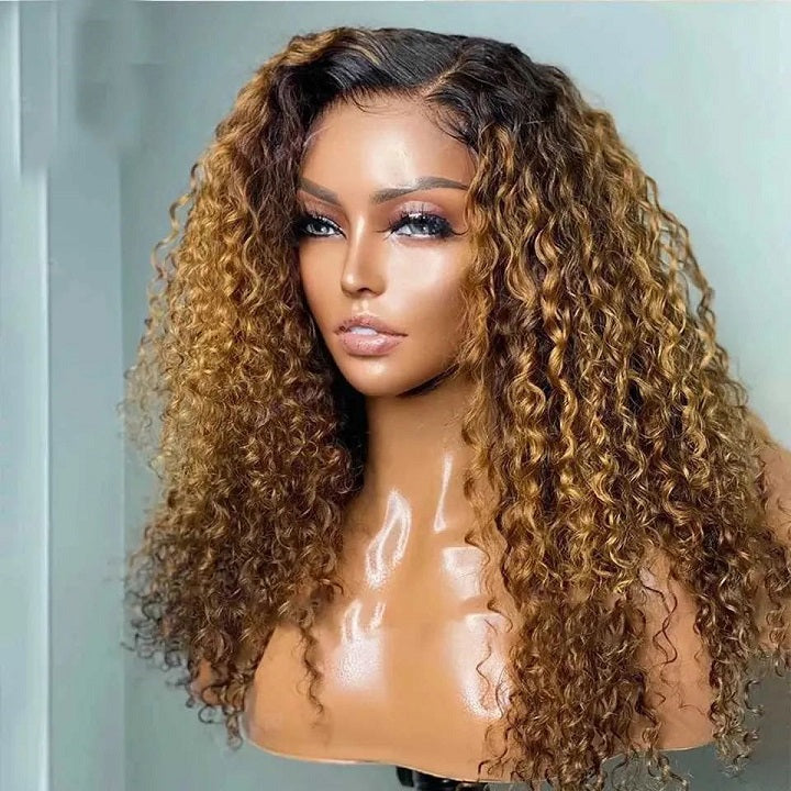 $109.99 16" Ombre Honey T1B/27 Curly 13x4 Frontal Wig Glueless Human Hair Wig Flash Deal