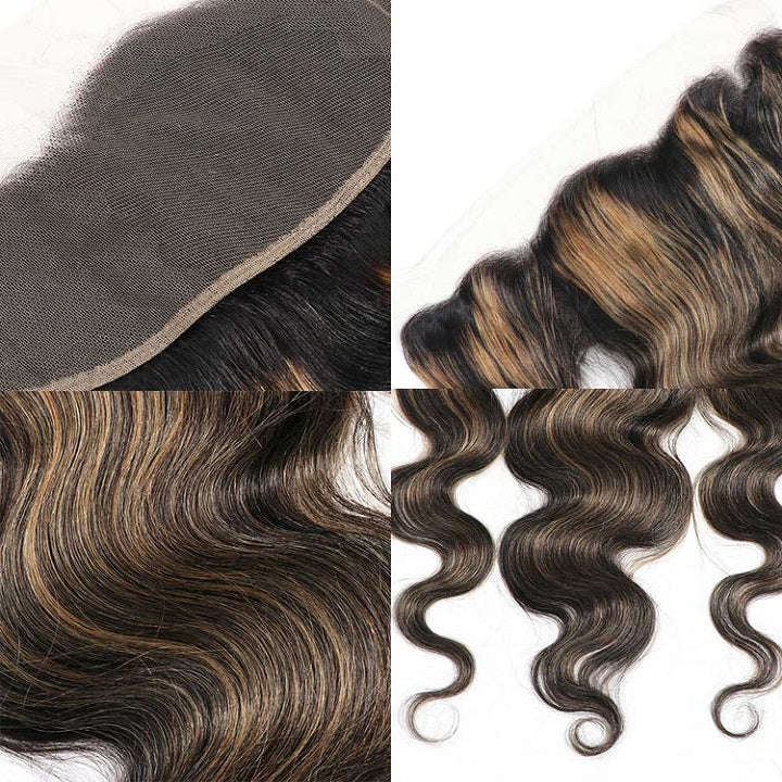 Balayage Honey Blonde Body Wave Hair 3 Bundles With 13x4 Lace Frontal