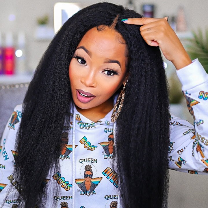 Thin V Part Wig Kinky Straight Natural Scalp Human Hair Wig Without Leave Out