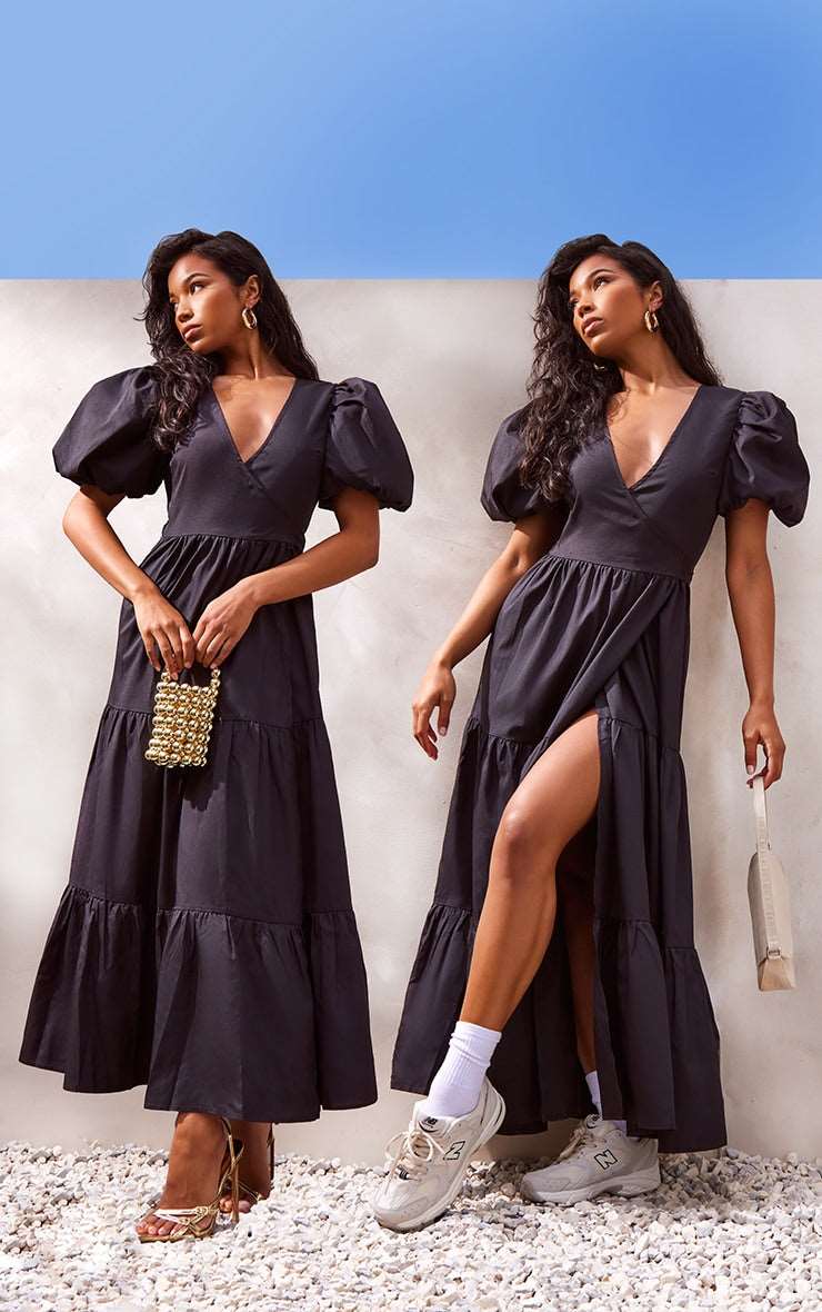 Black Woven Puff Sleeve Wrap Midaxi Dress