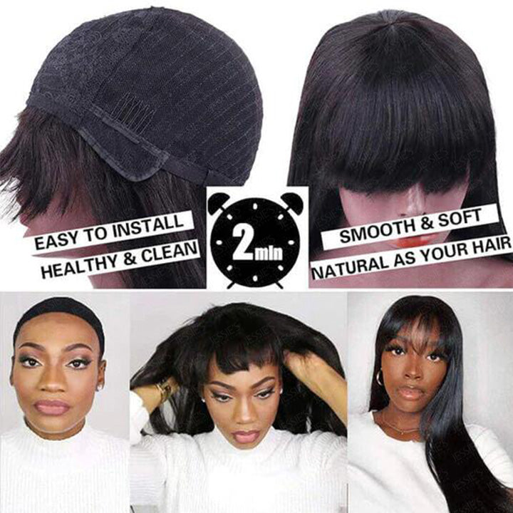 Blunt Cut Short Layered Black Bob Wig With Bangs Full Cap Non Lace Wig