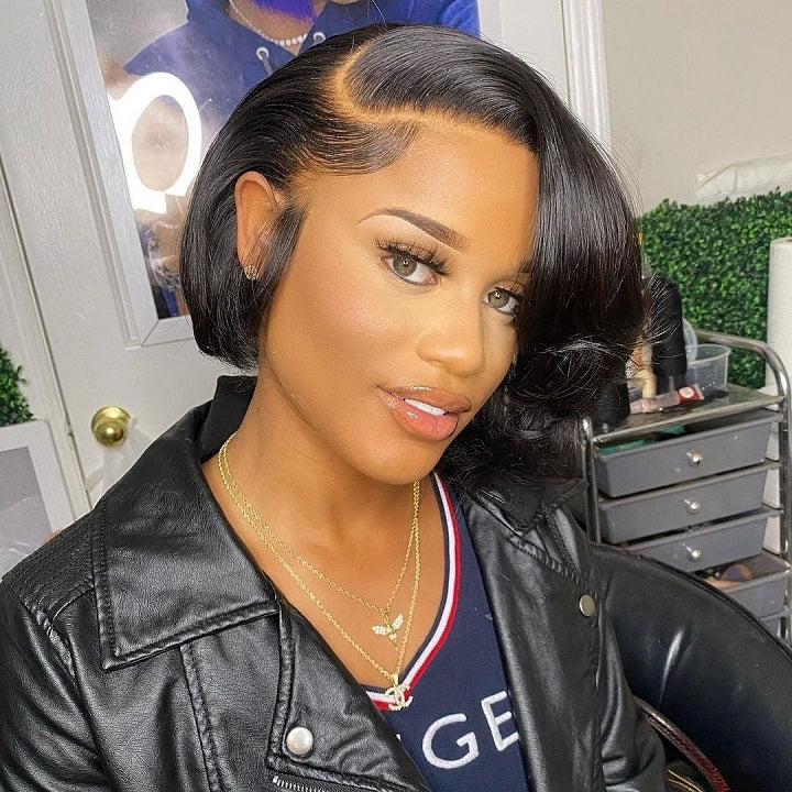 Straight Pixie Bob Wig With Swept Bangs Pre Cut Lace Glueless Wig
