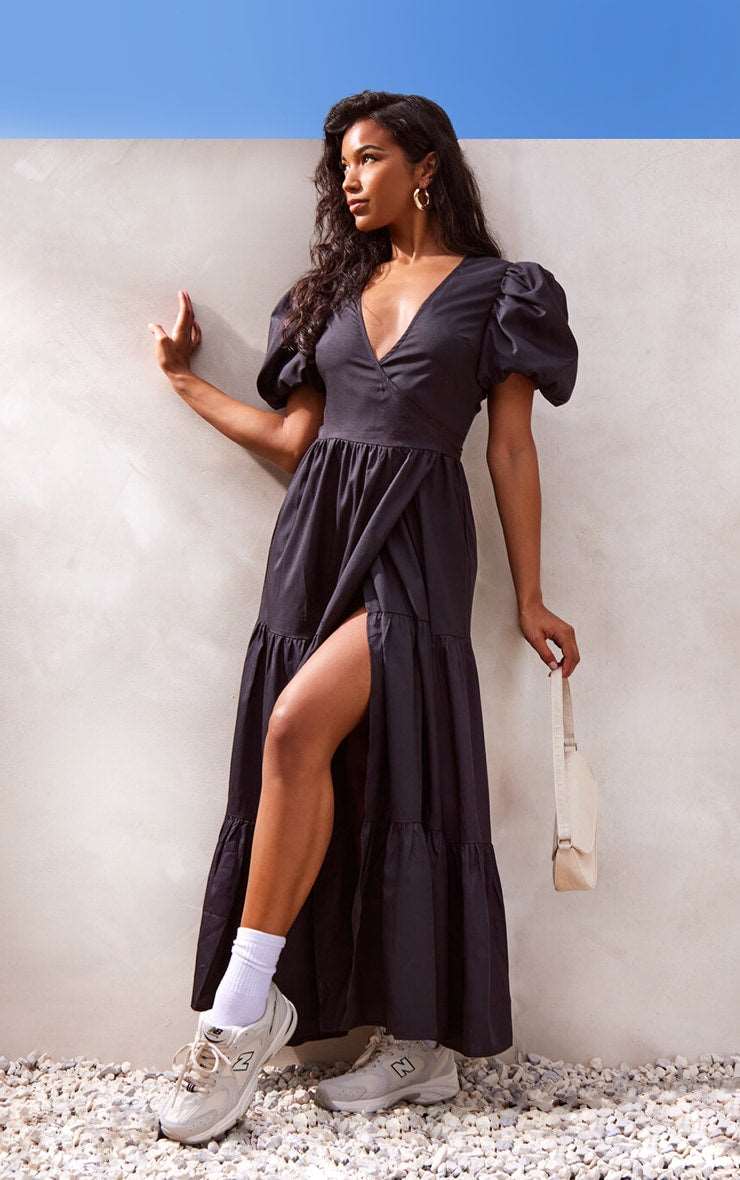 Black Woven Puff Sleeve Wrap Midaxi Dress