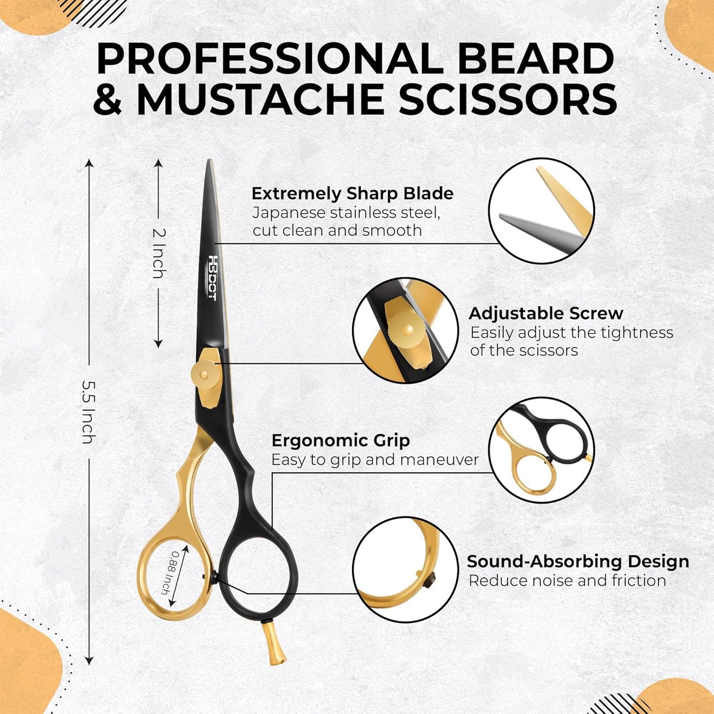 HB DOT Professional Mustache Scissors, 5.5 Inches Mustache and Beard Scissors, German Stainless Steel Beard Scissors for Men with Beautiful Case and Mustache Comb. (Silver and Gold)