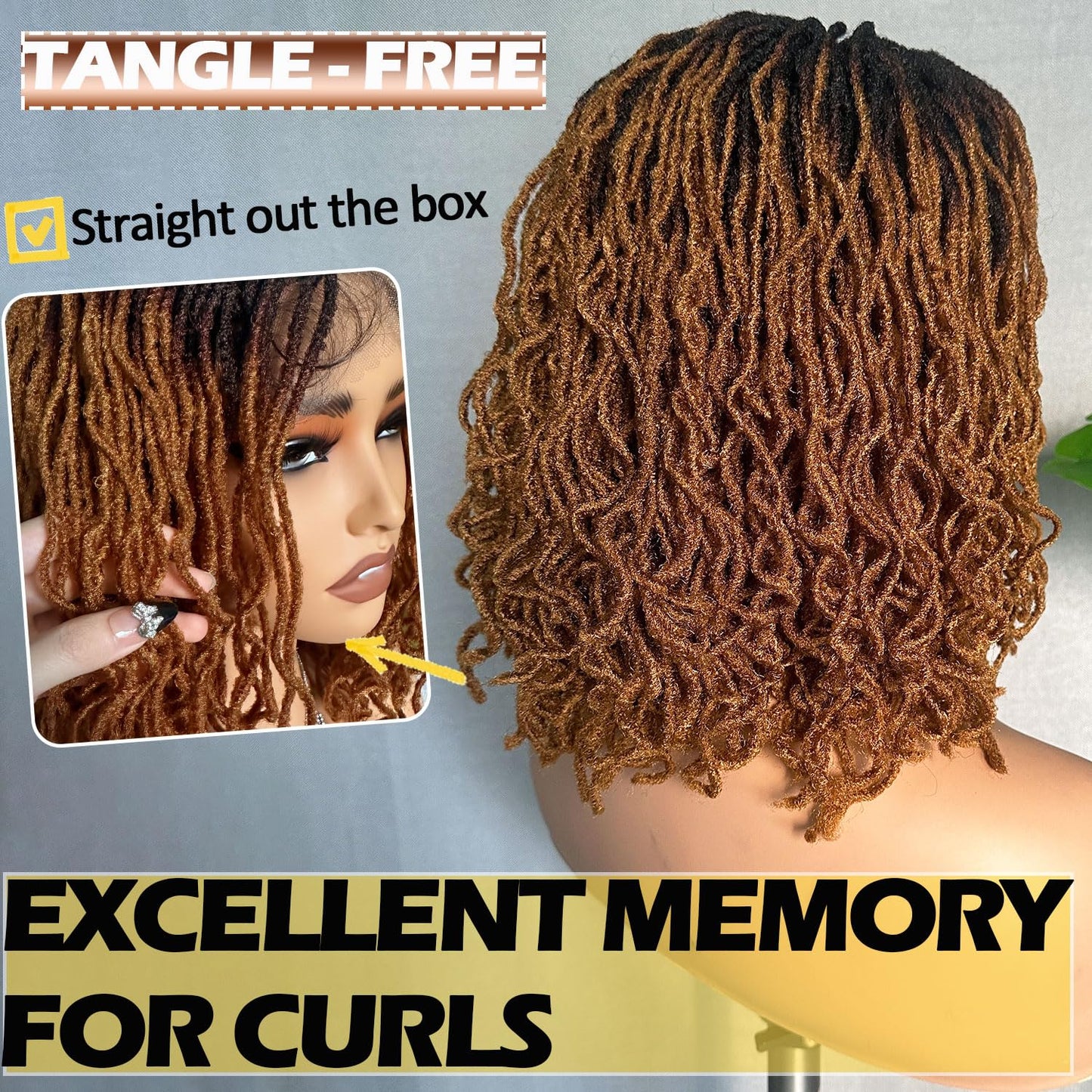 Dreadlock Wig Curly 4x4 Lace Frontal Ombre Strawberry Blonde 16 Inch Twist Faux Locs Wigs for Balck Women Afro Curly Braided Synthetic Wig