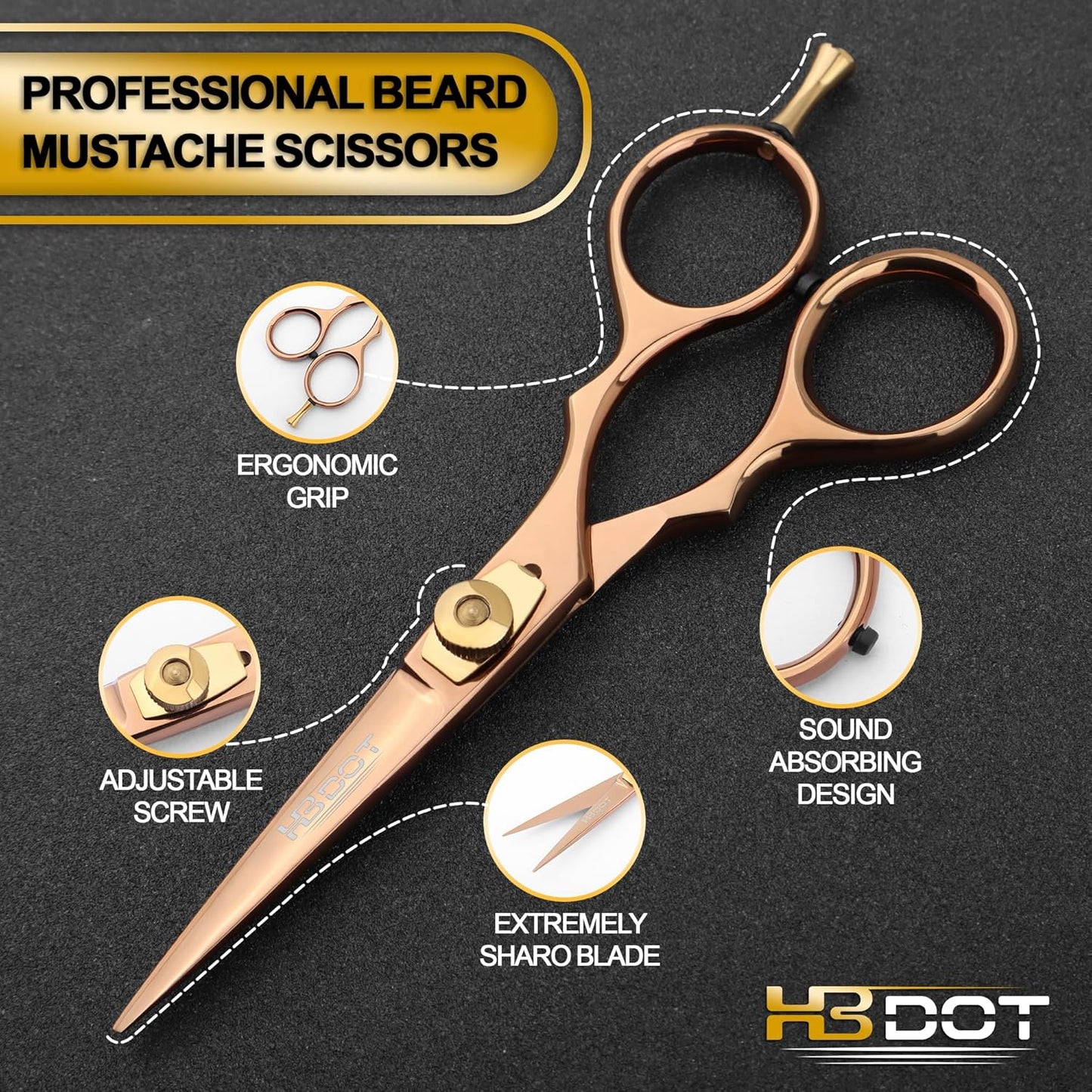 HB DOT Professional Mustache Scissors, 5.5 Inches Mustache and Beard Scissors, German Stainless Steel Beard Scissors for Men with Beautiful Case and Mustache Comb. (Silver and Gold)