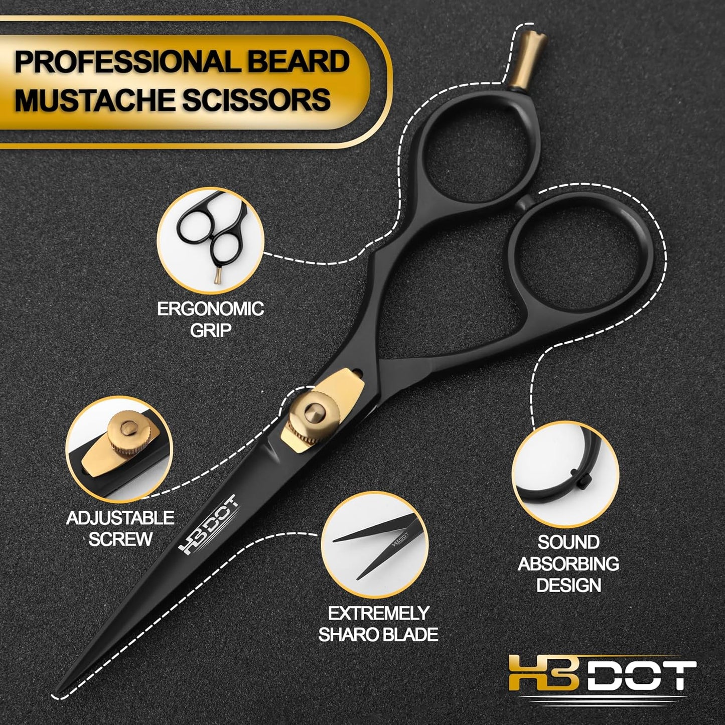 HB DOT Professional Mustache Scissors, 5.5 Inches Mustache and Beard Scissors, German Stainless Steel Beard Scissors for Men with Beautiful Case and Mustache Comb. (Silver and Gold)