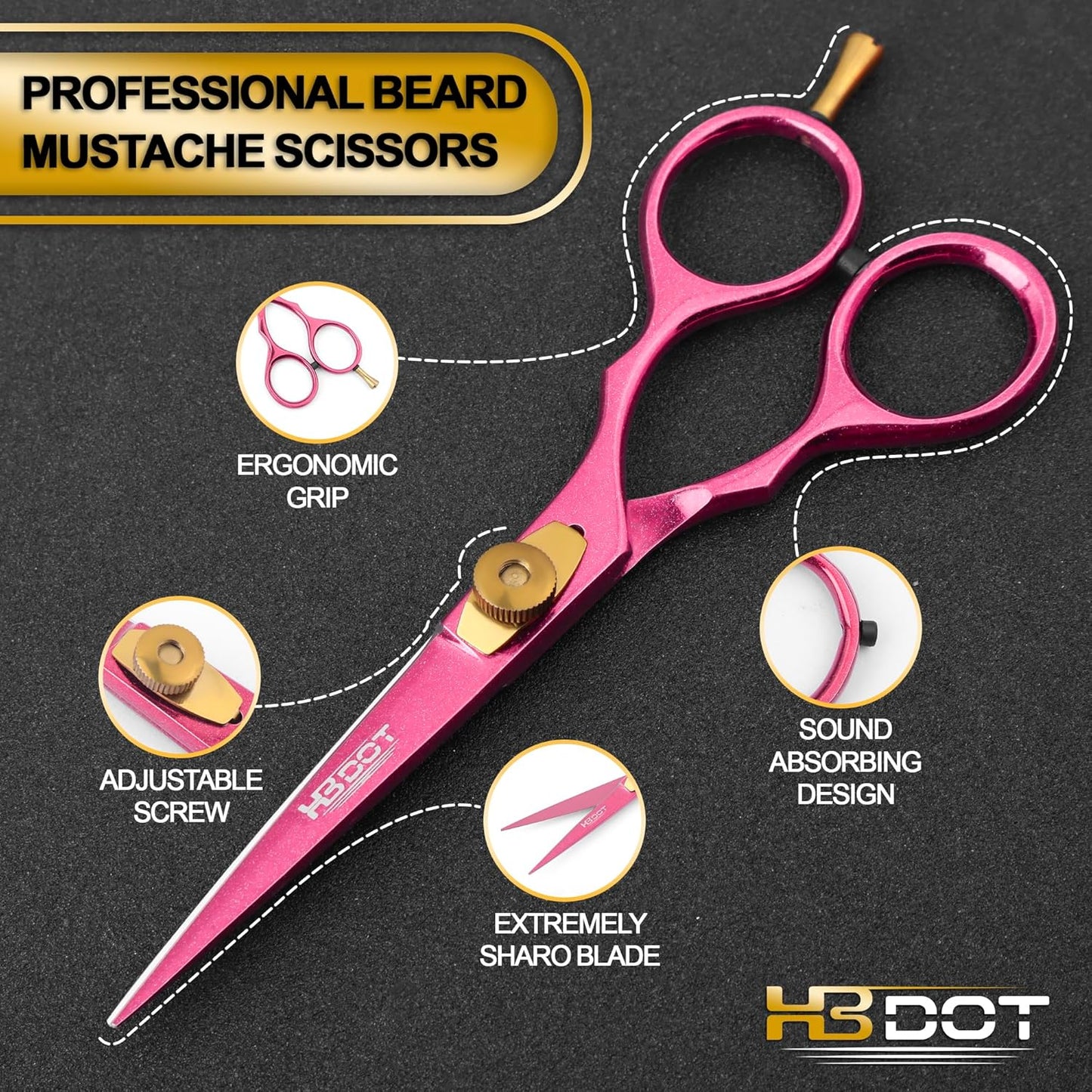 HB DOT Professional Mustache Scissors, 5.5 Inches Mustache and Beard Scissors, German Stainless Steel Beard Scissors for Men with Beautiful Case and Mustache Comb. (Silver and Gold)