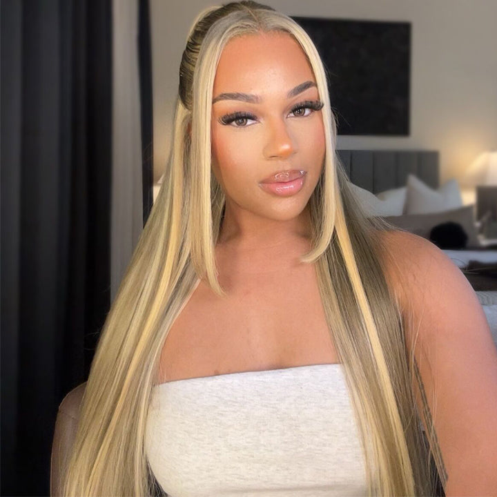 $189.99=18" Highlight Ombre Gloden Blonde Brown Straight 13x4 Lace Front Wig Flash Deal