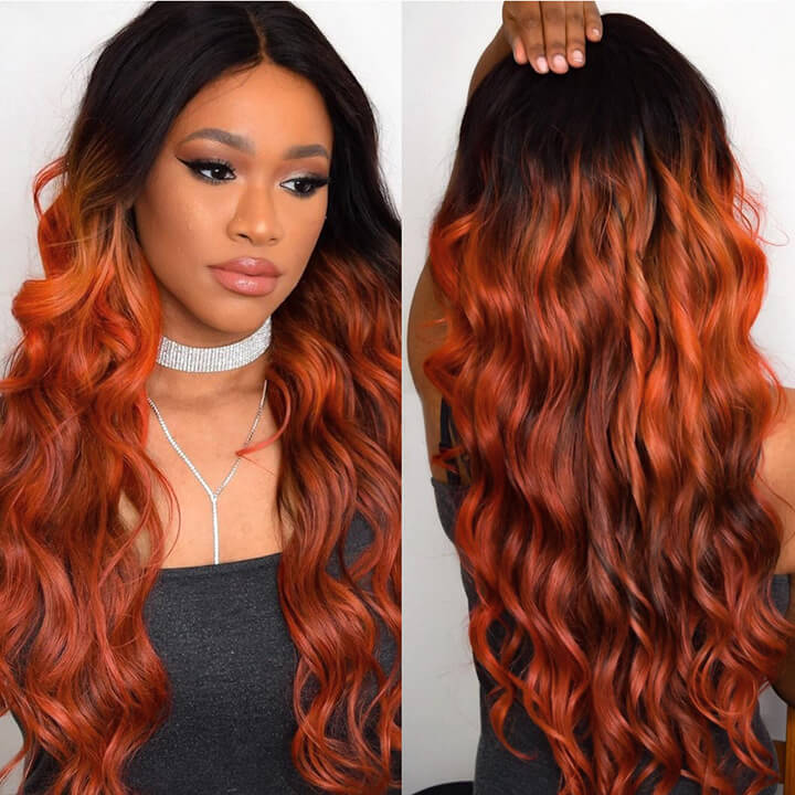 T1B/350 Ombre Ginger Body Wave Hair 3 Bundles With Closure Human Hair With Dark Roots