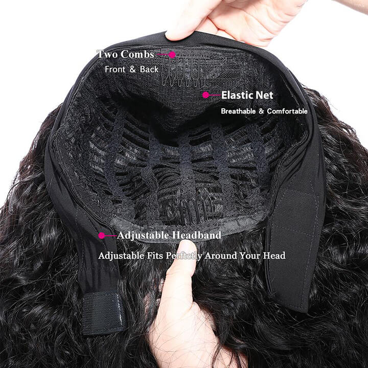 Glueless Brazilian Deep Wave Headband Human Hair Wigs Non Lace Front Wig For Women( GET FREE TRENDY HEADBAND)