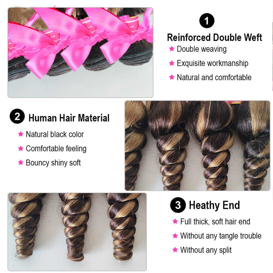 Highlight Brown Loose Wave Human Hair P4/27 Honey Blonde Hair 3/4 Bundles