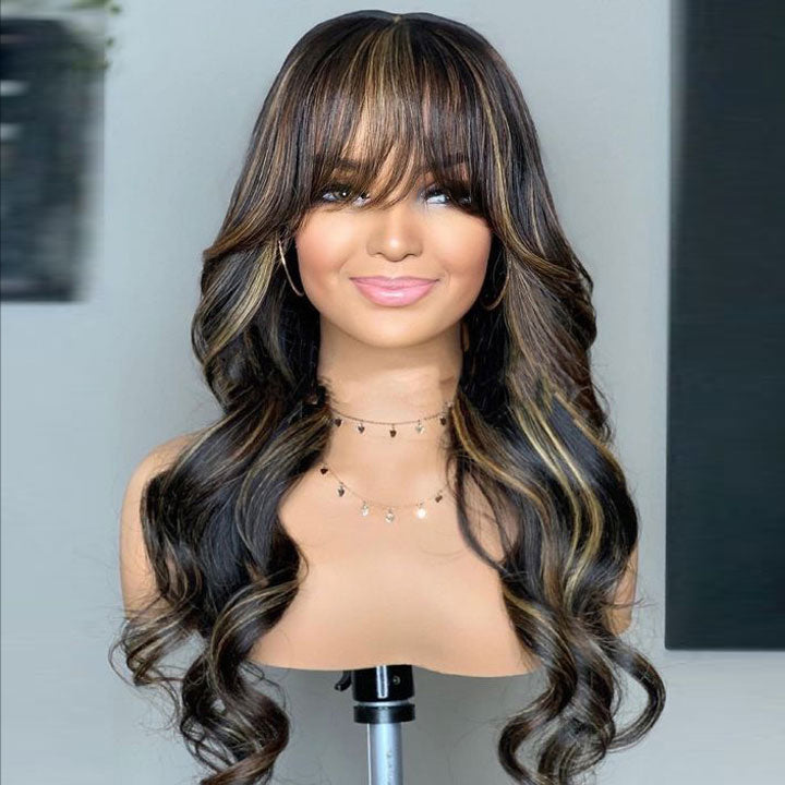 Honey Highlight Body Wave 13x5 Pre Everything Human Hair Wigs With Bangs