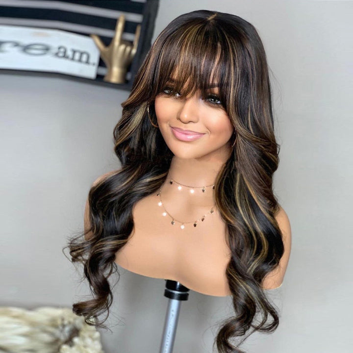 Honey Highlight Body Wave 13x5 Pre Everything Human Hair Wigs With Bangs
