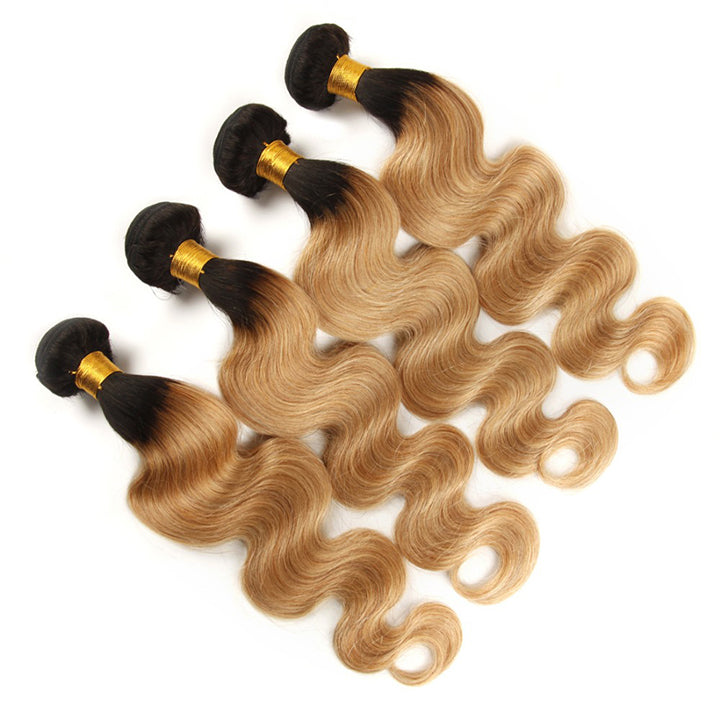 T1B/27 Ombre Honey Body Wave Hair 3 Bundles With Closure Human Hair With Dark Roots