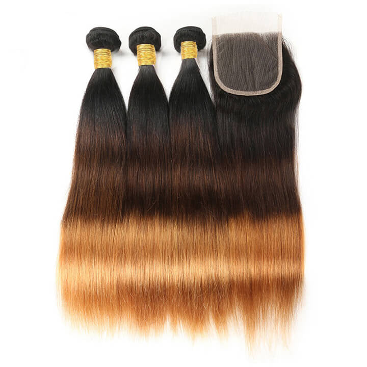 T1B/4/30 Straight Hair 3 Bundles With Closure Human Hair Weaves